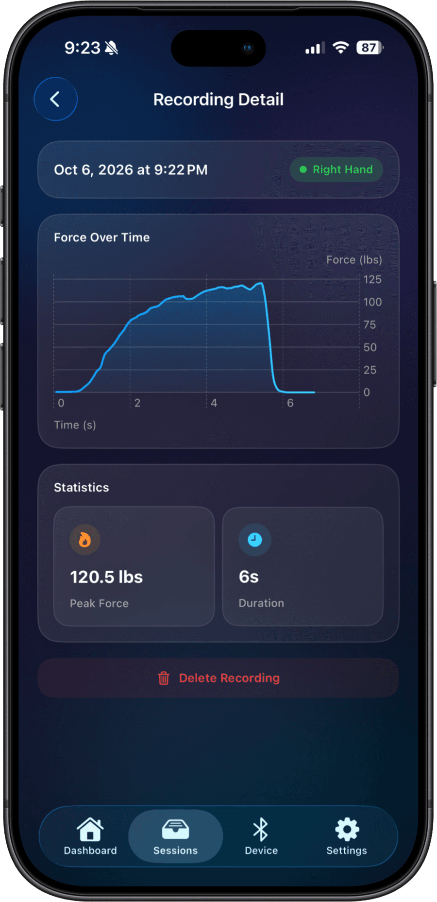 GripFit app recording a squeeze with the live force curve